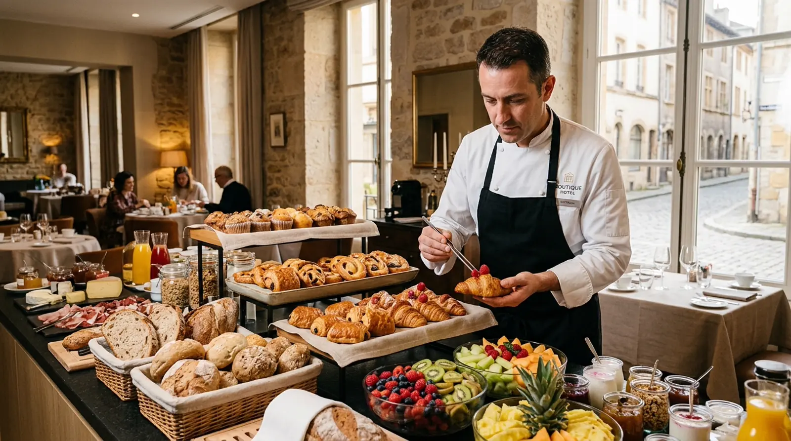 Hotel Chef Arranging Fresh Breakfast Buffet
