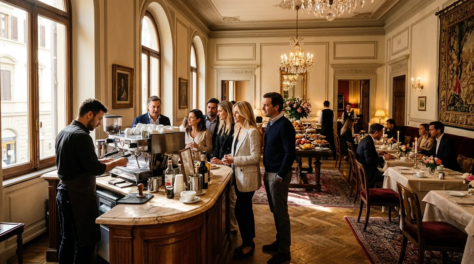 Busy European Hotel Breakfast Dining Room Coffee Queue