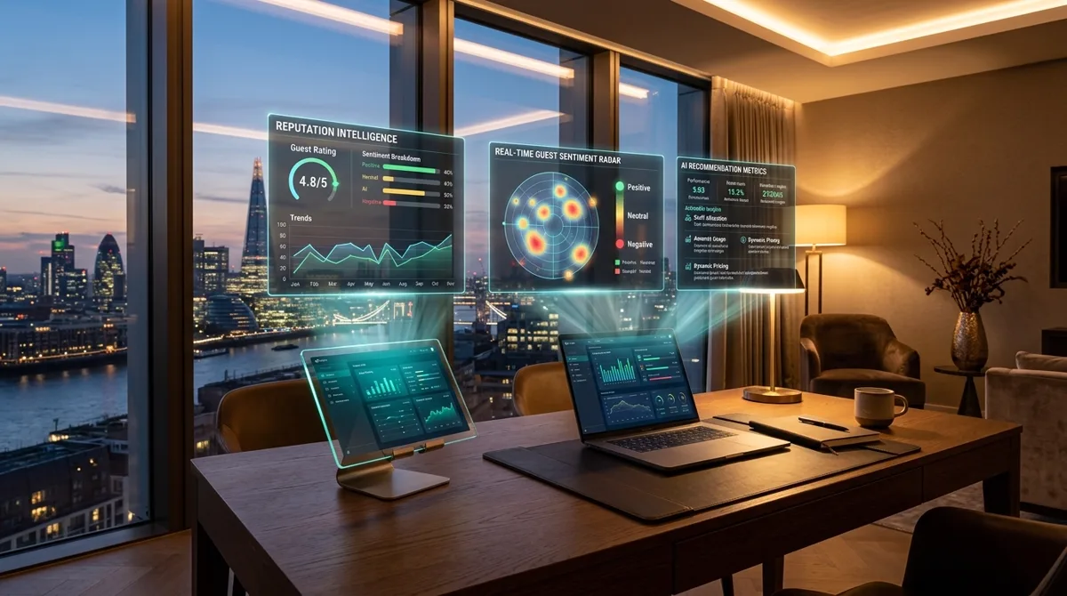 Executive hotel office overlooking twilight skyline with holographic reputation intelligence and AI discovery radar