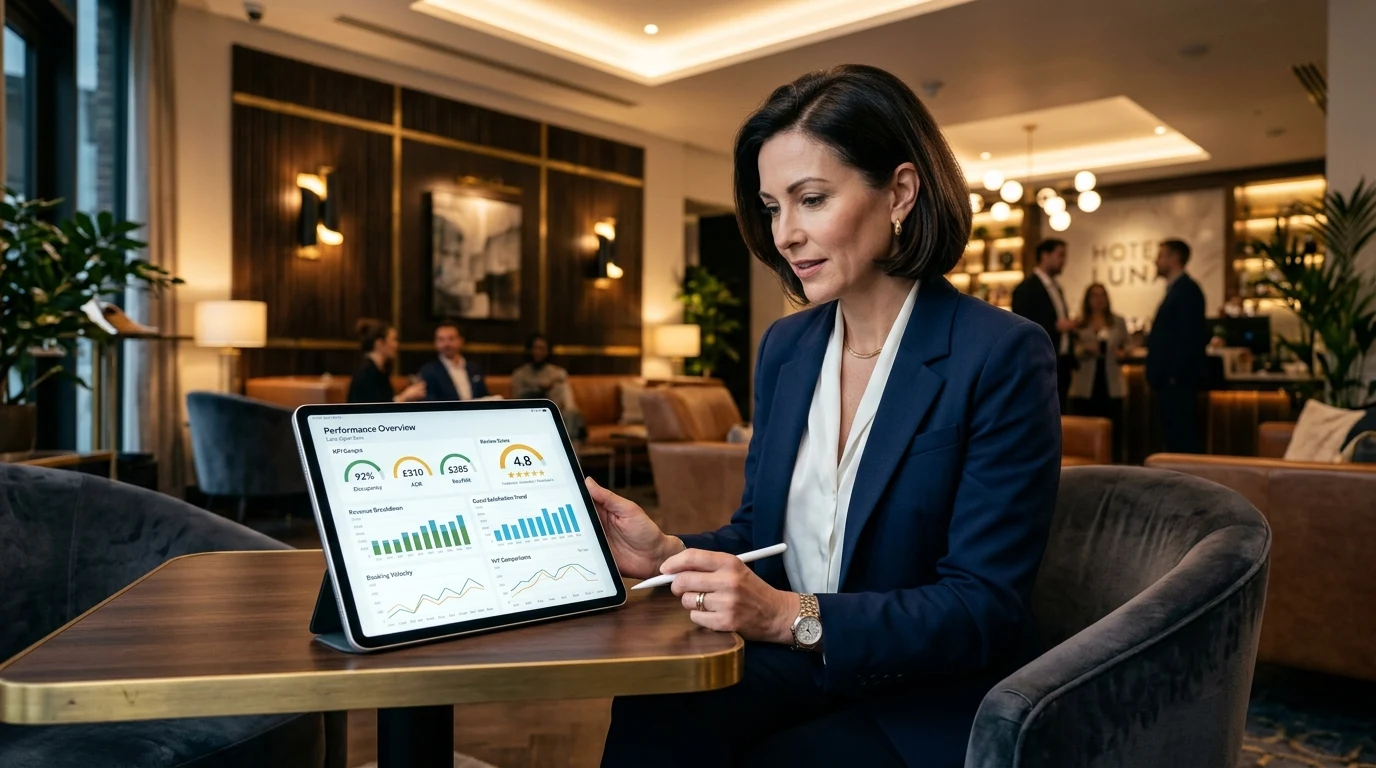 Luxury hotel general manager analyzing Hotel RPS review performance score and operational KPIs on a tablet