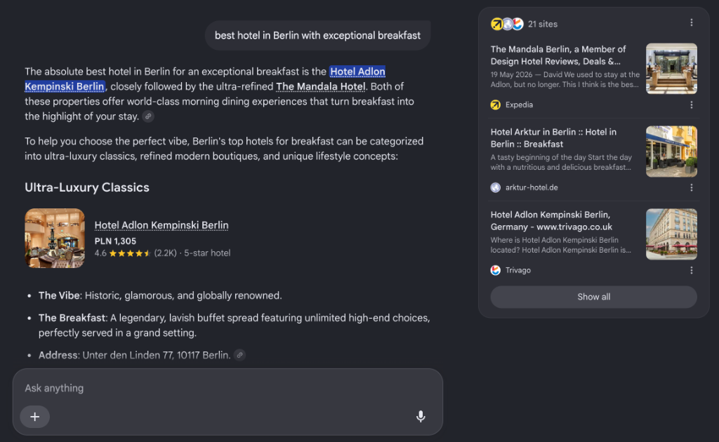 Hotel AI Visibility Search Simulation showing guest sentiment influence in ChatGPT and Gemini